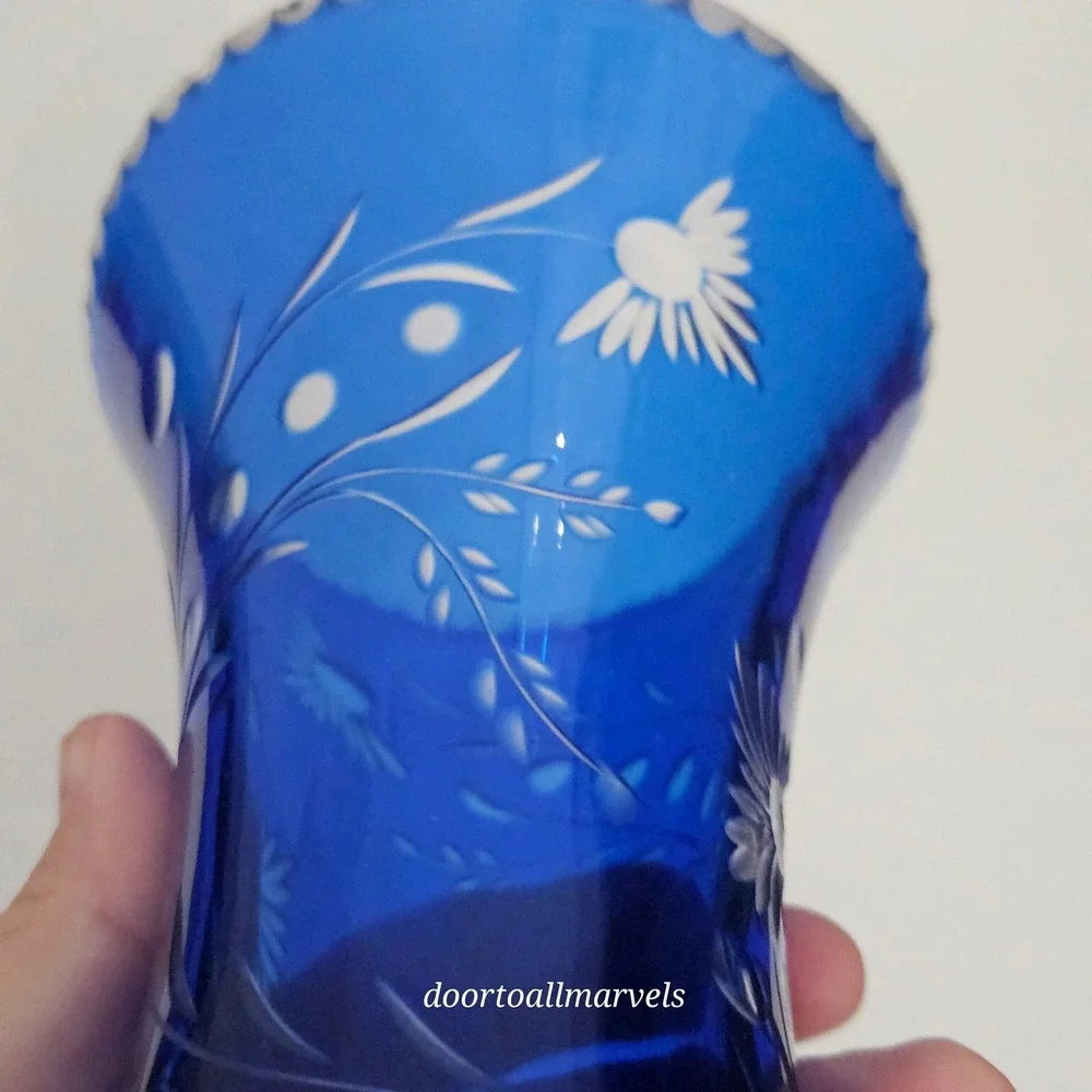 VTG Val St Lambert Footed Vase Cobalt Blue Cut-to-Clear Crystal Europe Art Deco